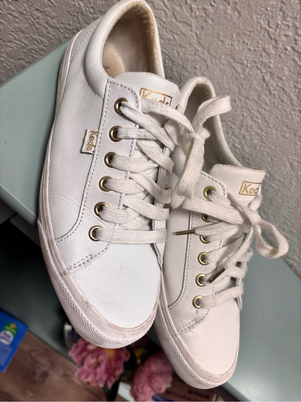 Keds White Leather Sneakers with Gold Eyelets
